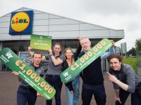 21-5-2024:  Kerry has a new millionaire after it was confirmed that the LIDL store in Killarney sold a 'Daily Million' winning ticket worth a cool €1,000,000. Pictured at the Lidl Store in Killarney on Tuesday are Lidl Store Manager Stephen O'Connell, staff members Mairead McKenna, Beata Bak and Jason Maye celebrating with Sarah Ruane (centre)  from The National Lottery after selling the winning ticket.
Photo: Don MacMonagle - Mac Innes Photography